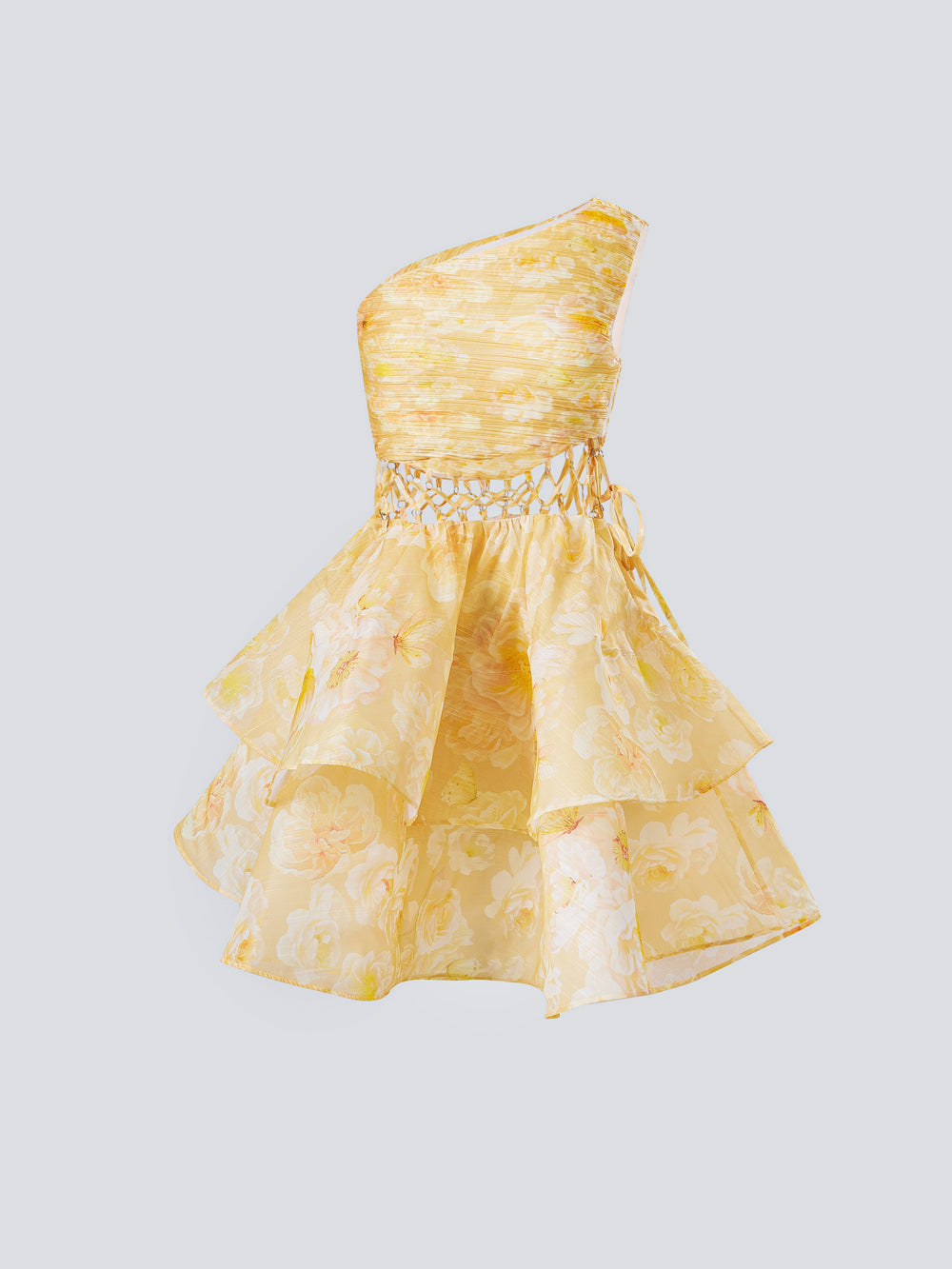 Sylvabelle Asymmetric Ruffle Floral Mini Dress