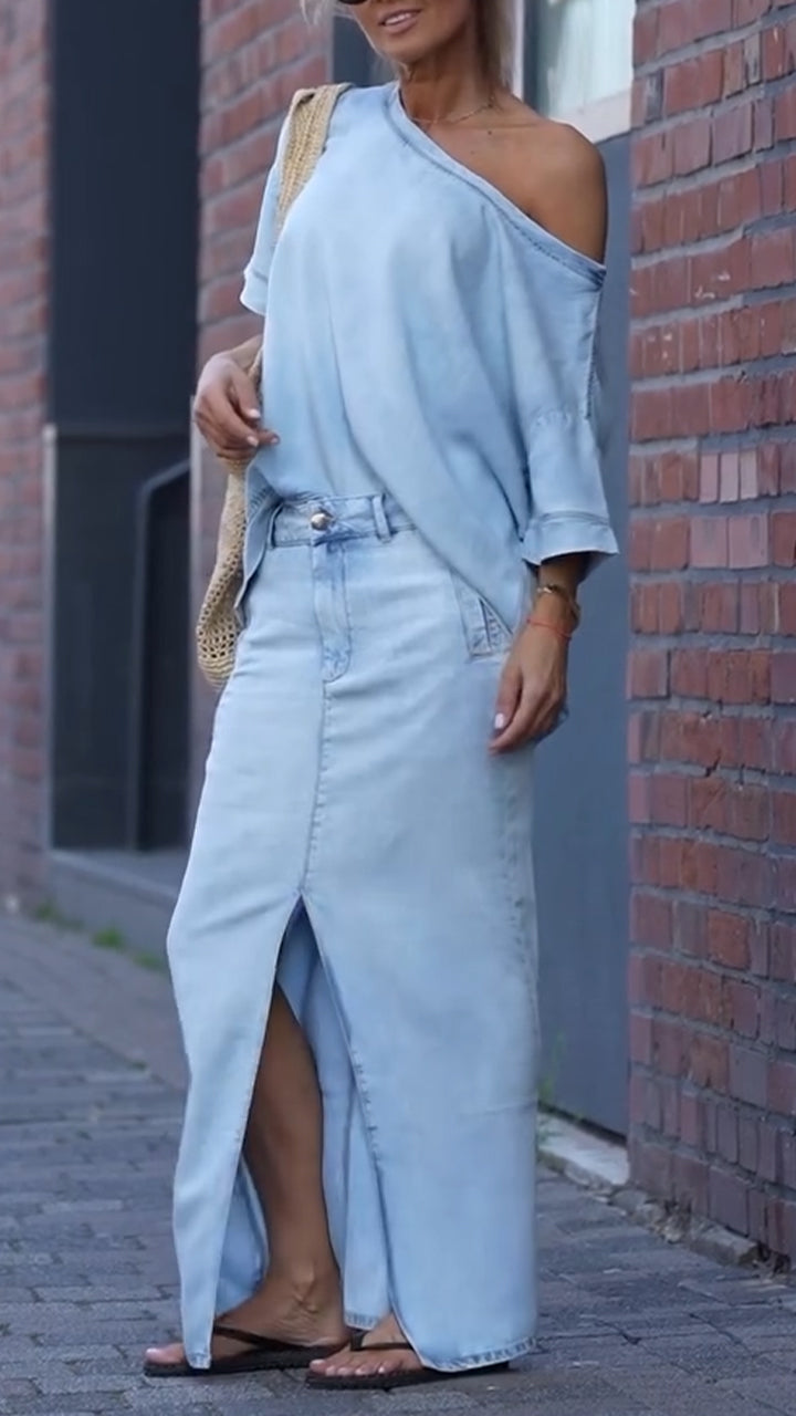 Amora Relaxed-Fit Cotton Denim Two-Piece Outfit Set