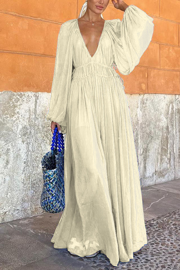 Long Blue Puff Sleeve Dress with Ruched Waist