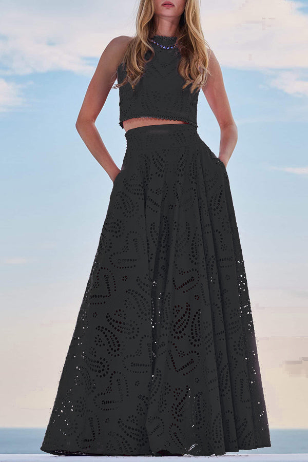 Embroidered Two-Piece Set with Long High-Waist Pocket Skirt