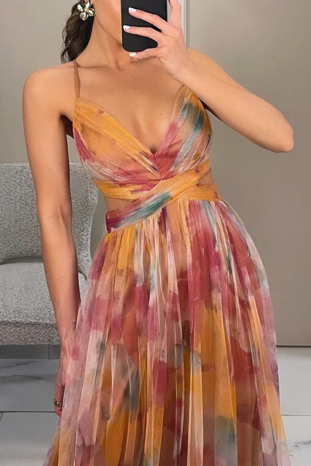 Elegant Long Print Dress with Adjustable Tie Detail