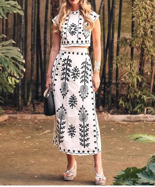 Embroidered Ethnic-Print Crop Top and Wrap Skirt Set