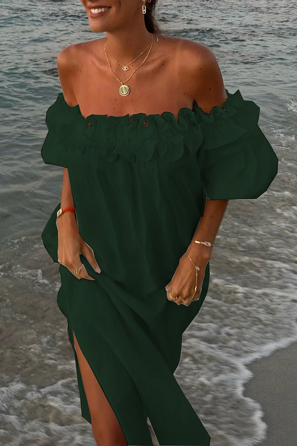 Off-Shoulder Ruffle Midi Dress with Puff Sleeves