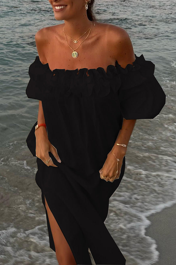 Off-Shoulder Ruffle Midi Dress with Puff Sleeves
