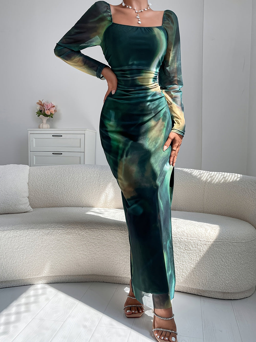 Emeralda Emerald Off-Shoulder Slit Dress