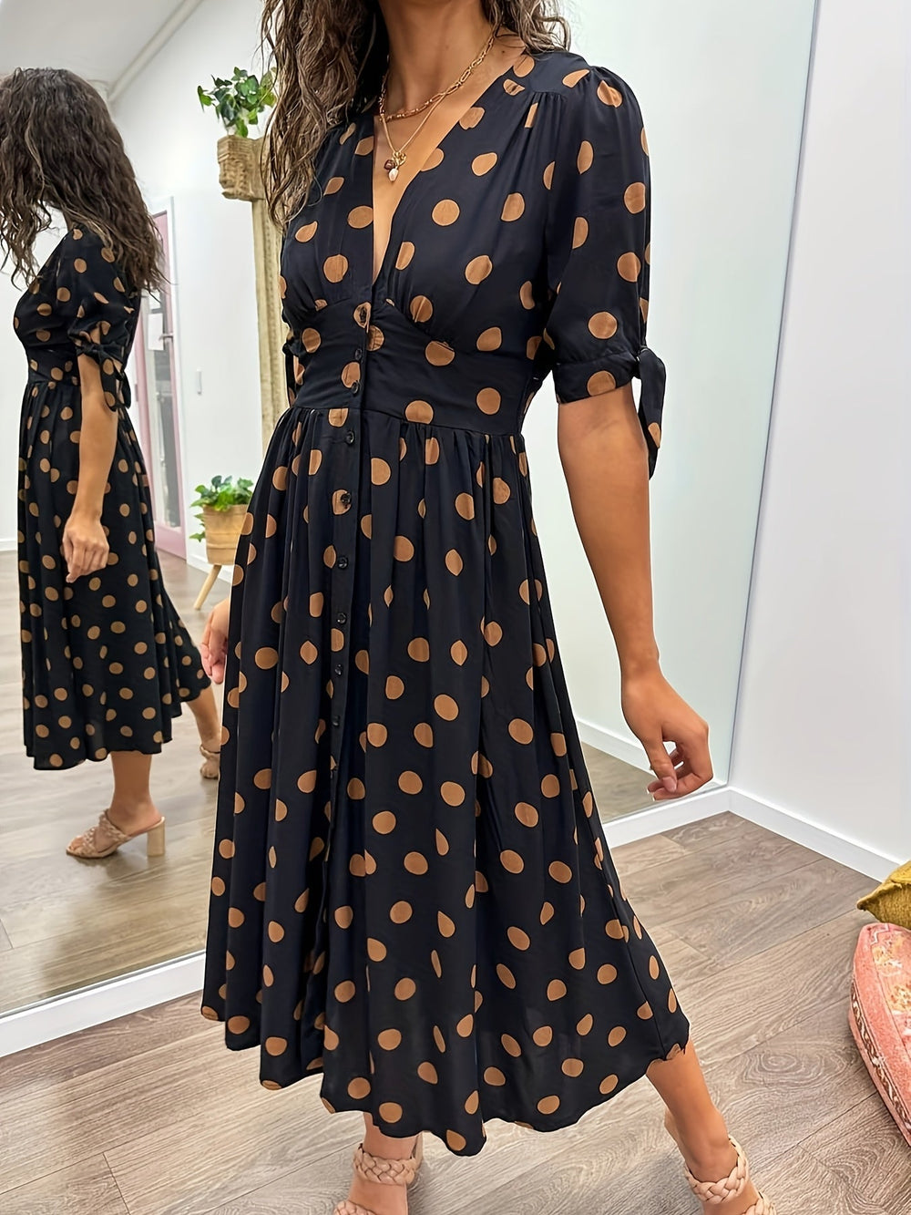 Dalina Button Polka Midi Dress