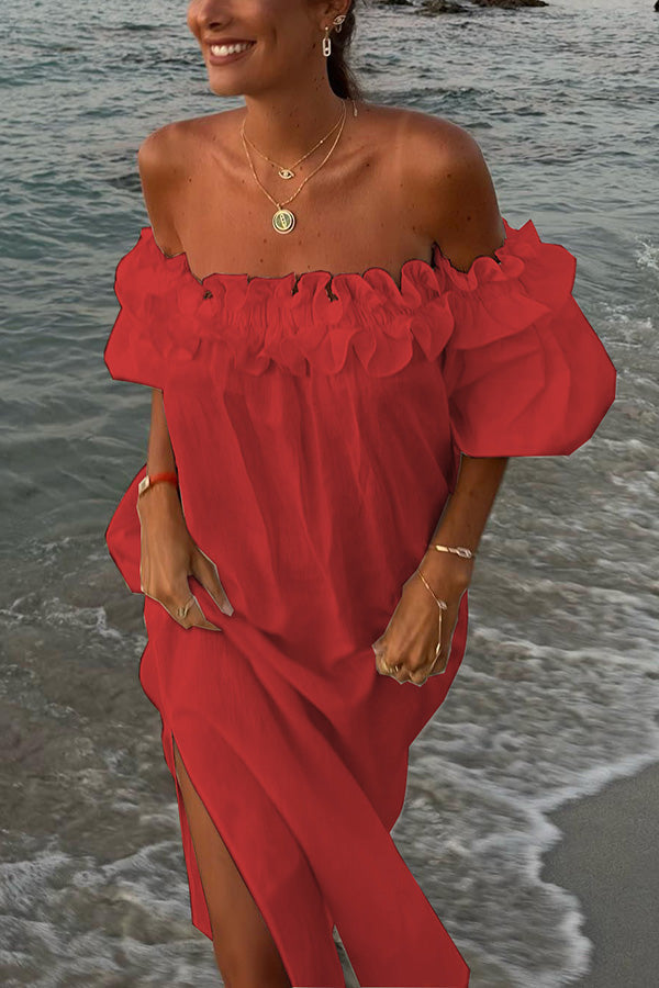 Off-Shoulder Ruffle Midi Dress with Puff Sleeves