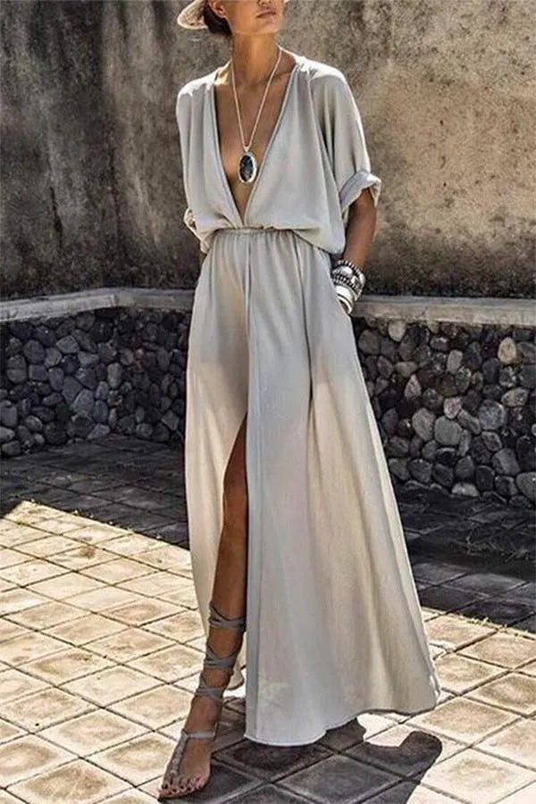 Nicole Deep V-Neck Half-Sleeve Slit Maxi Dress