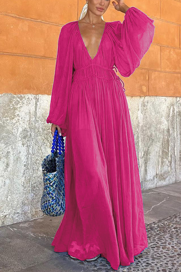 Long Blue Puff Sleeve Dress with Ruched Waist