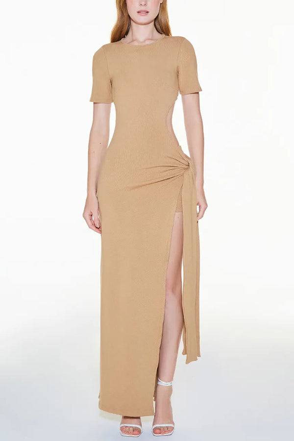 Long Ribbed Dress with Slit and Side Bow