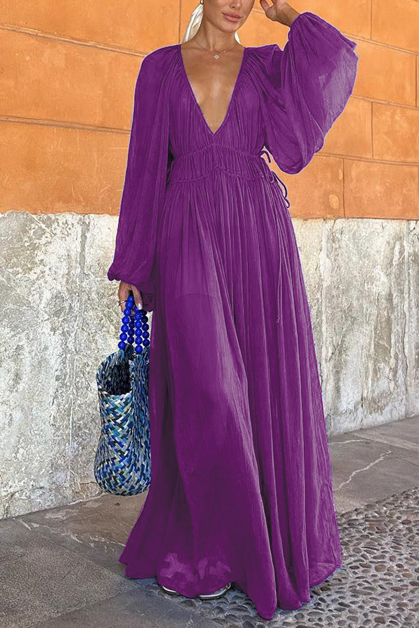 Long Blue Puff Sleeve Dress with Ruched Waist