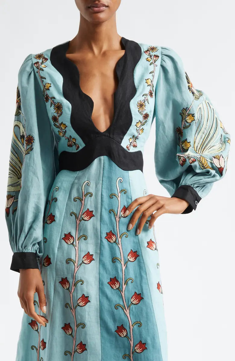 Katrielle Sky Blue Embroidered Midi Dress