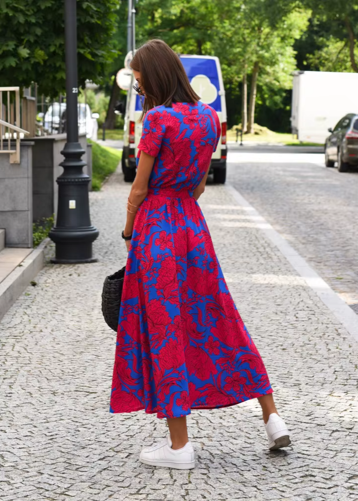 Elianne Floral Wrap Summer Dress with V-Neck and Side Slit
