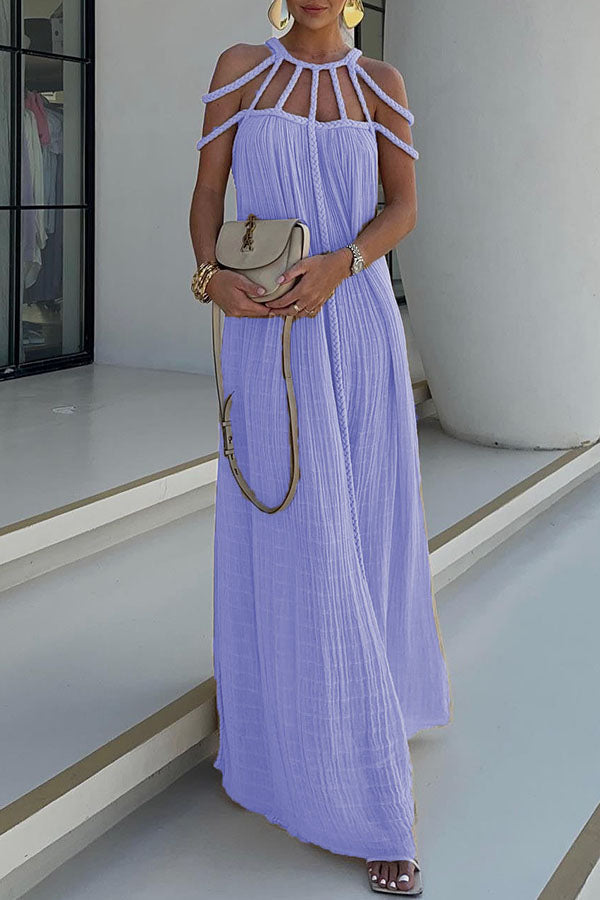 Pleated Maxi Dress with Cord-Detail Neckline