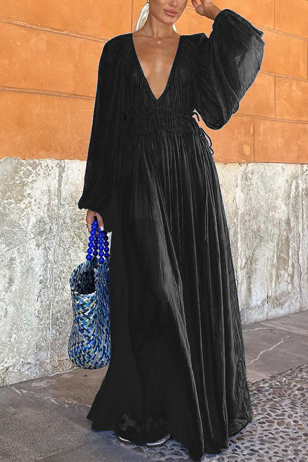 Long Blue Puff Sleeve Dress with Ruched Waist