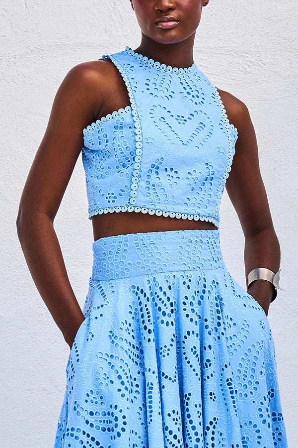 Embroidered Two-Piece Set with Long High-Waist Pocket Skirt