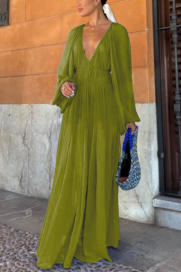 Long Blue Puff Sleeve Dress with Ruched Waist