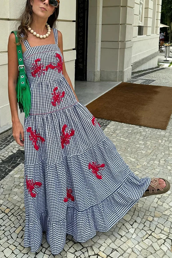 Gingham Print Embroidered Maxi Dress