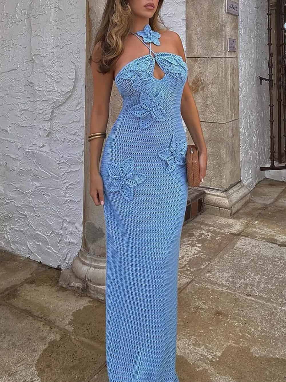 Gabriela 3D Floral Crochet Halter Neck Maxi Dress for Summer