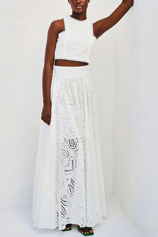 Embroidered Two-Piece Set with Long High-Waist Pocket Skirt