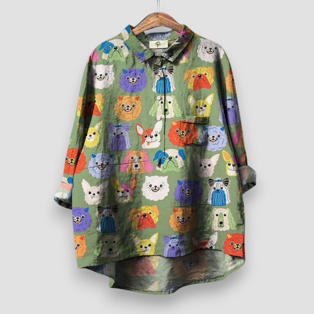 Vespera Loose Fit Puppy Print Long Sleeve Casual Blouse