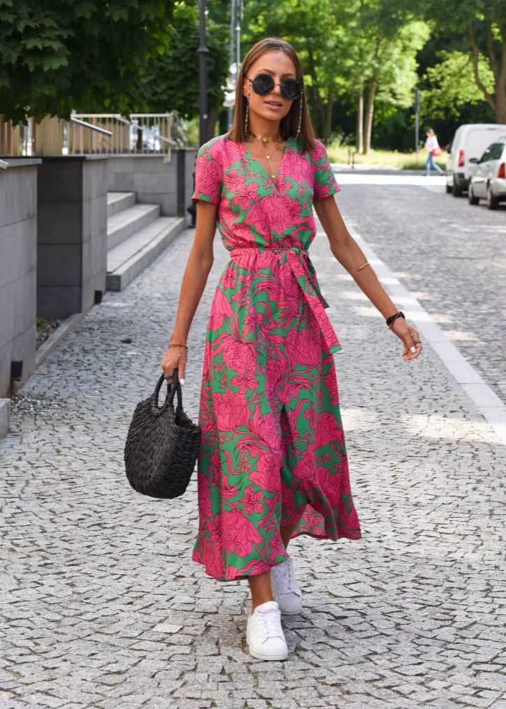 Elianne Floral Wrap Summer Dress with V-Neck and Side Slit