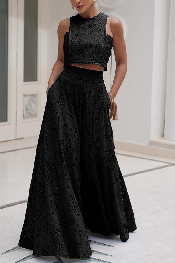 Embroidered Two-Piece Set with Long High-Waist Pocket Skirt