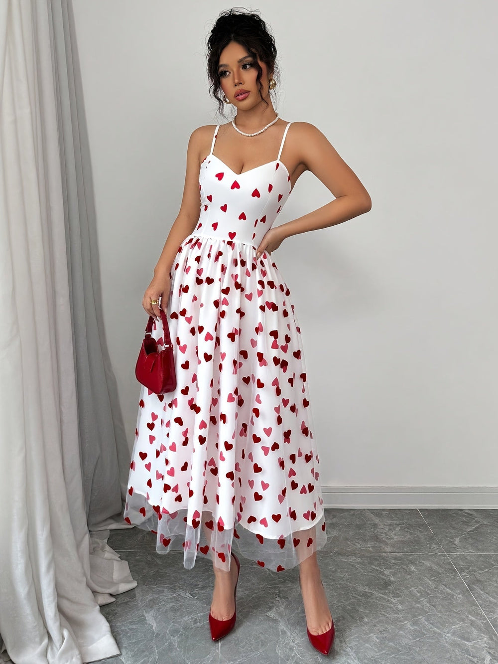 Amora Heart-Print Chiffon Slip Dress for Date Nights