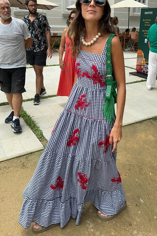 Gingham Print Embroidered Maxi Dress