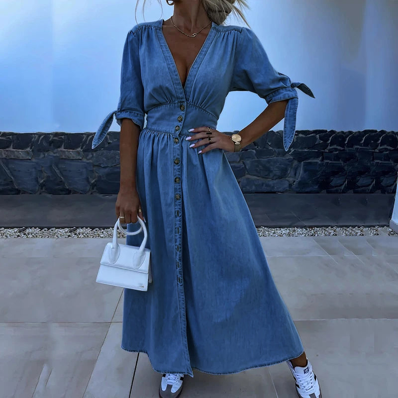 Grace Relaxed Denim Maxi Dress V-Neck