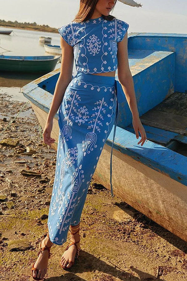 Embroidered Ethnic-Print Crop Top and Wrap Skirt Set