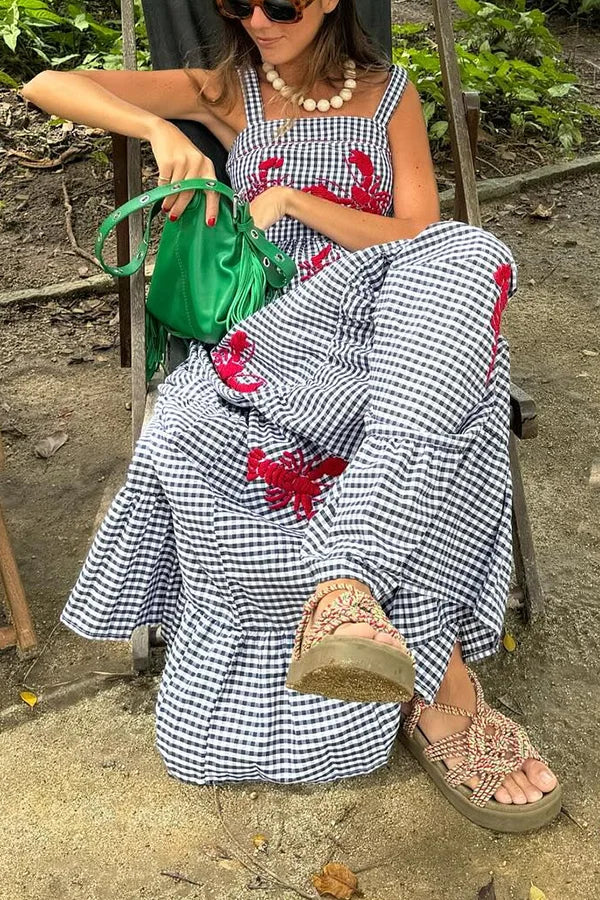 Gingham Print Embroidered Maxi Dress