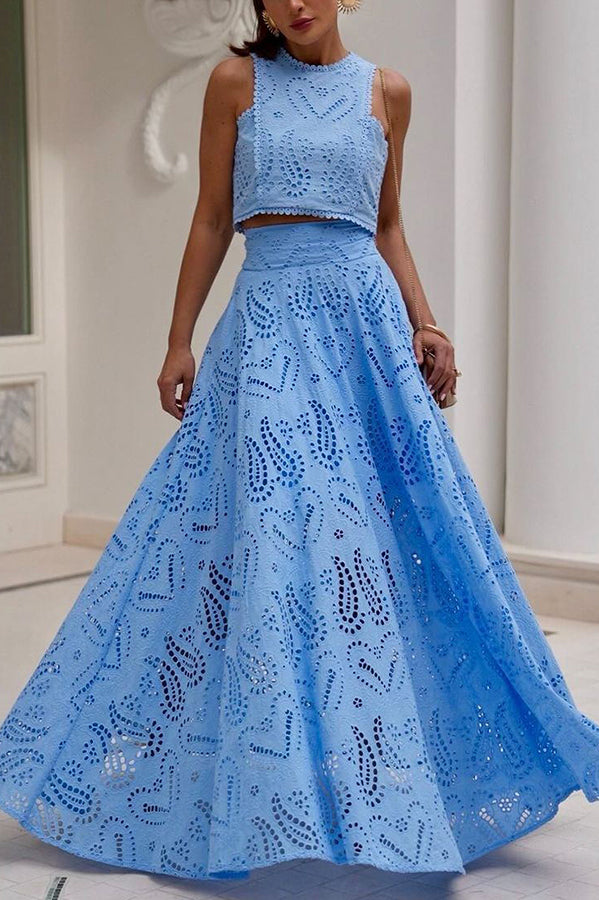 Embroidered Two-Piece Set with Long High-Waist Pocket Skirt