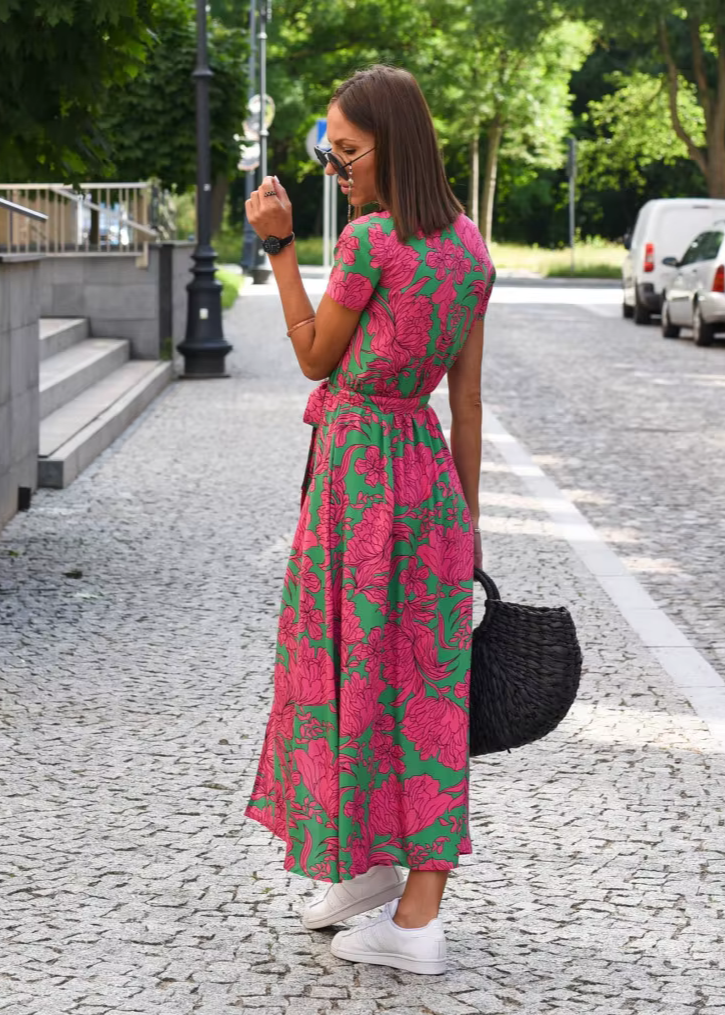 Elianne Floral Wrap Summer Dress with V-Neck and Side Slit