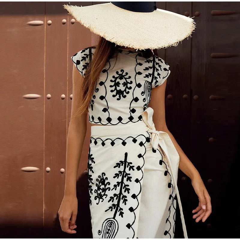 Embroidered Ethnic-Print Crop Top and Wrap Skirt Set