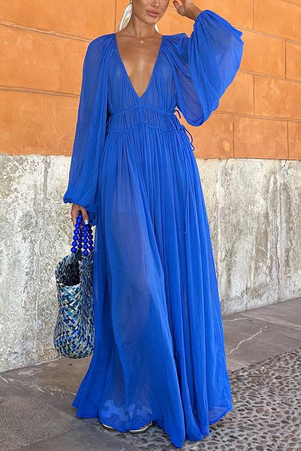 Long Blue Puff Sleeve Dress with Ruched Waist