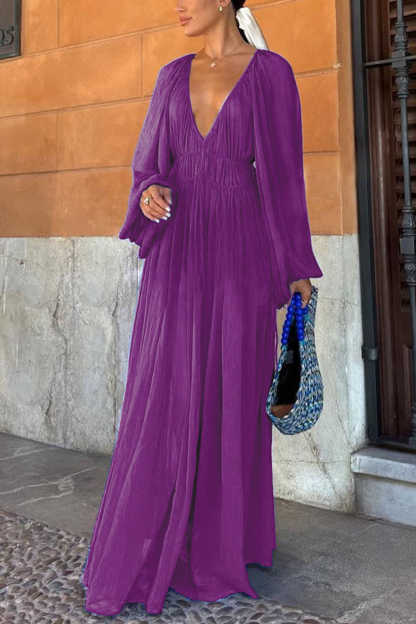 Long Blue Puff Sleeve Dress with Ruched Waist