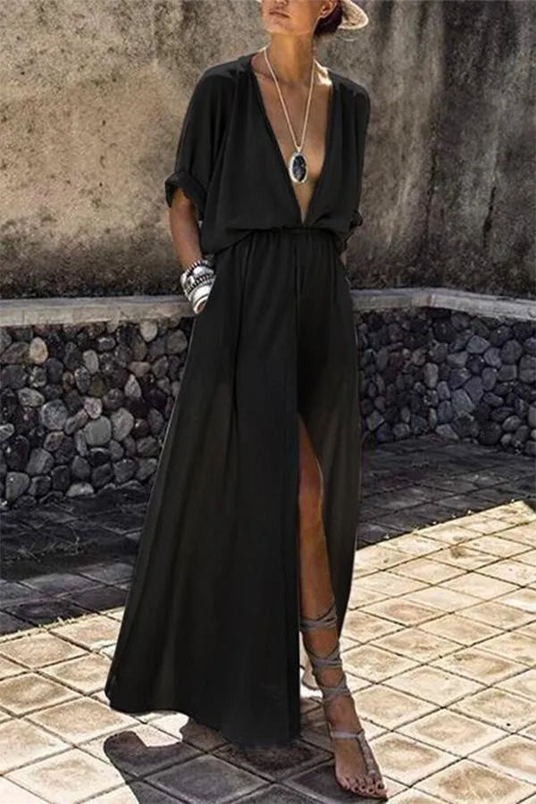 Nicole Deep V-Neck Half-Sleeve Slit Maxi Dress