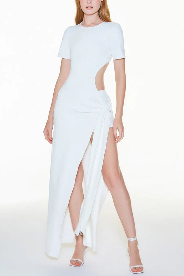 Long Ribbed Dress with Slit and Side Bow