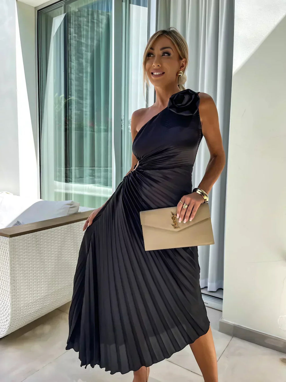 Lizbeth Romantic Floral One-Shoulder Occasion Dress