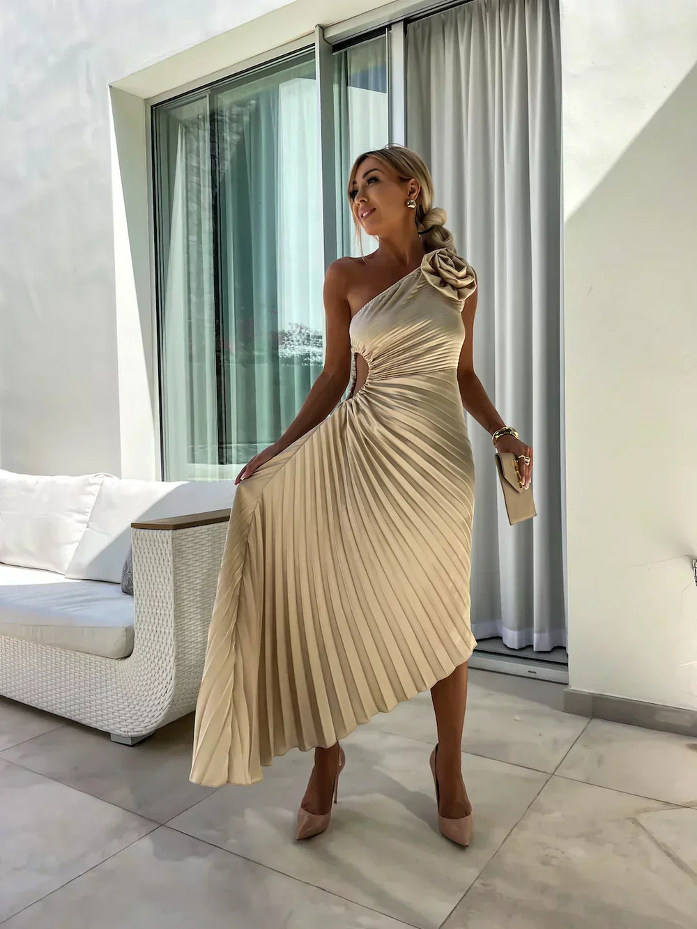 Lizbeth Romantic Floral One-Shoulder Occasion Dress