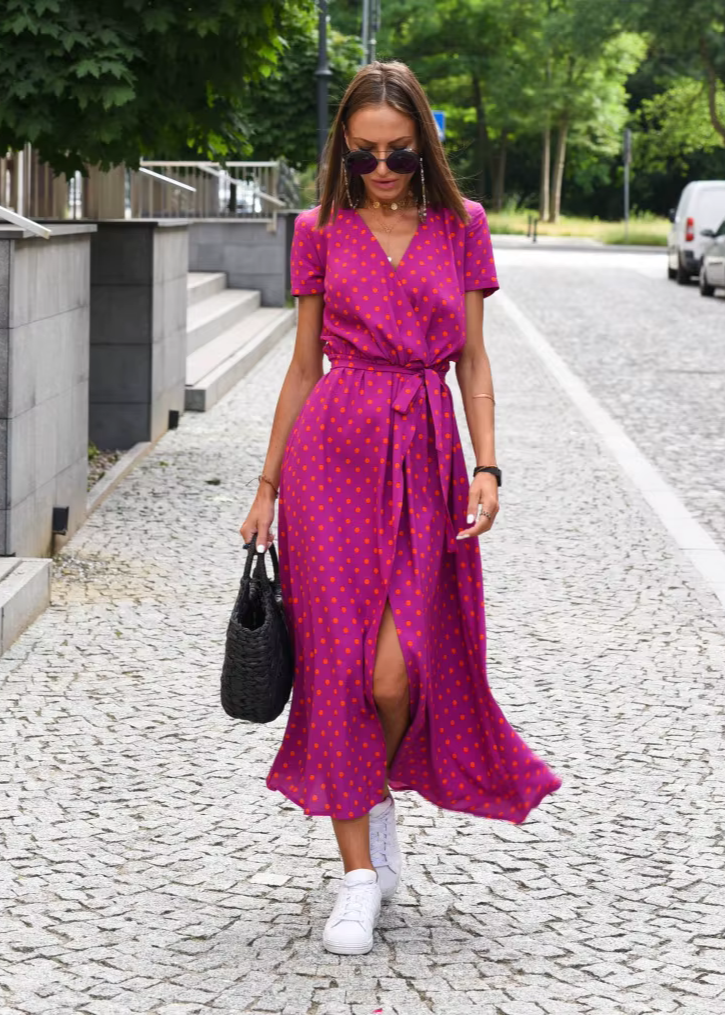 Elianne Floral Wrap Summer Dress with V-Neck and Side Slit