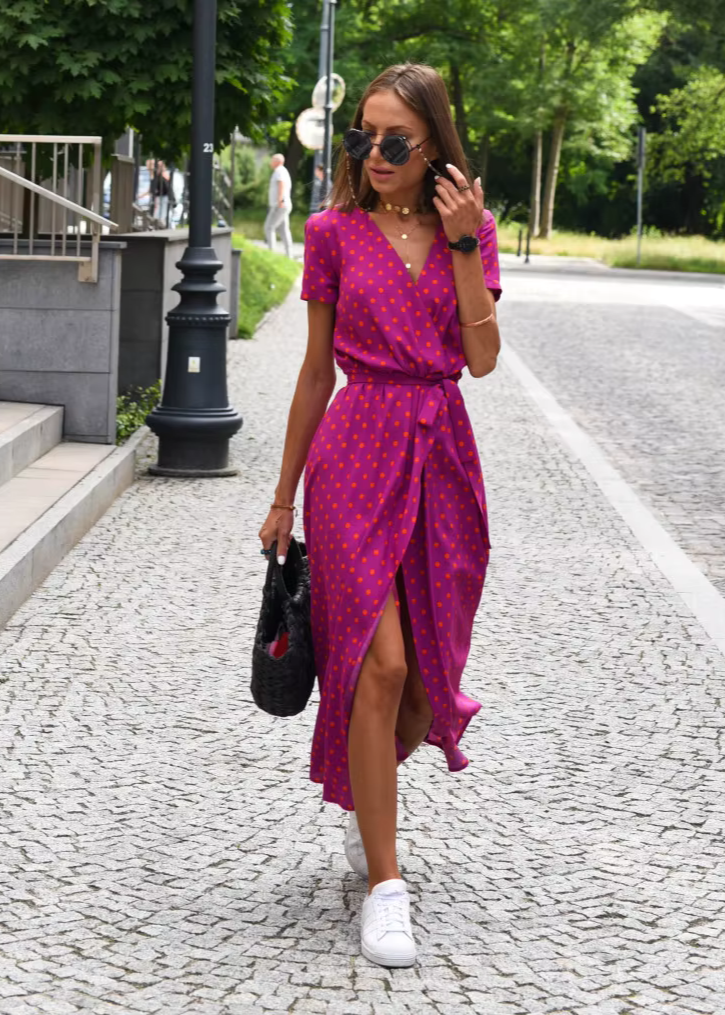 Elianne Floral Wrap Summer Dress with V-Neck and Side Slit