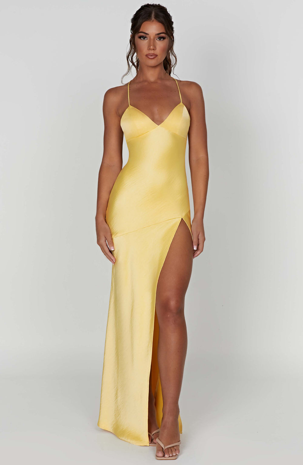 Meliva Sultry High-Slit Satin Maxi Dress for Evenings