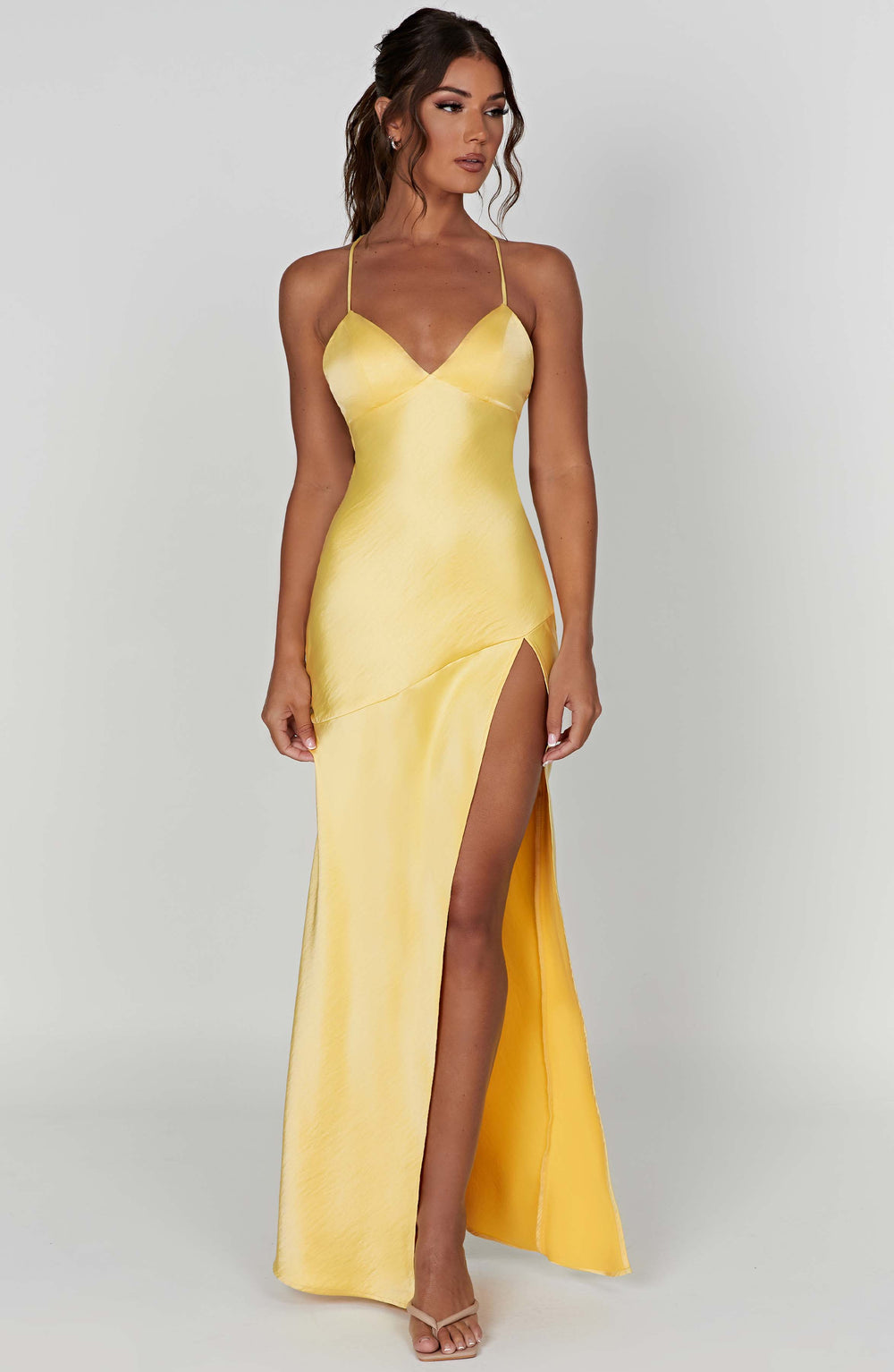 Meliva Sultry High-Slit Satin Maxi Dress for Evenings