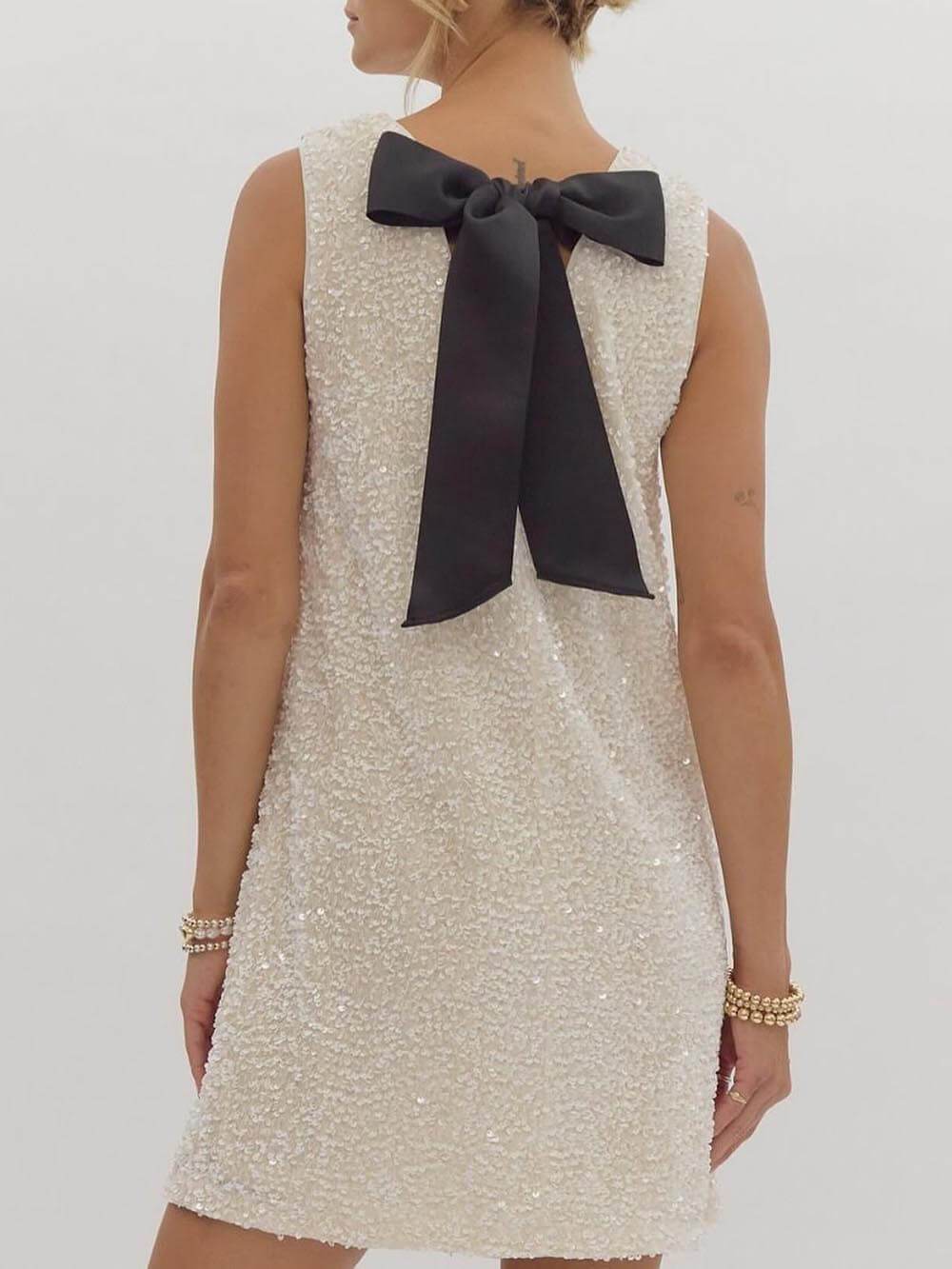 Sequin Party Mini Dress with Back Tie Bow Closure Detail