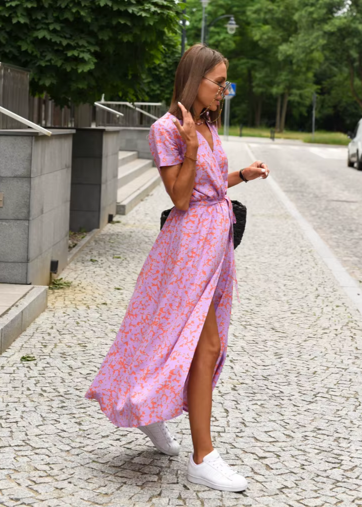 Elianne Floral Wrap Summer Dress with V-Neck and Side Slit