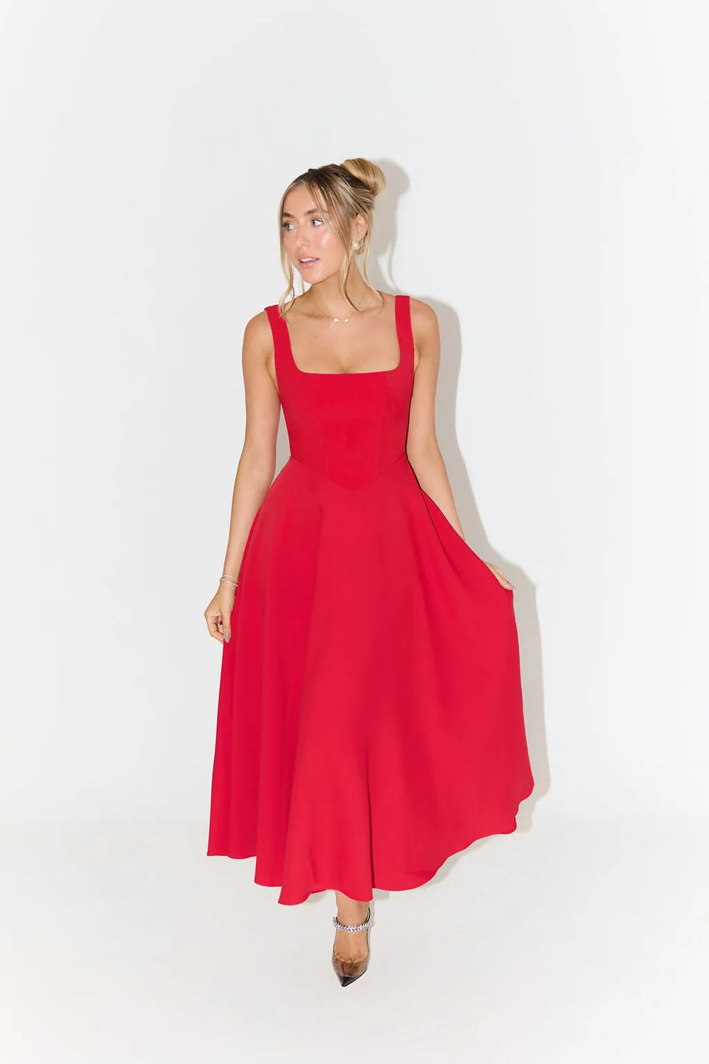 Yara-Belle High-Waist Square-Neck Midi Dress