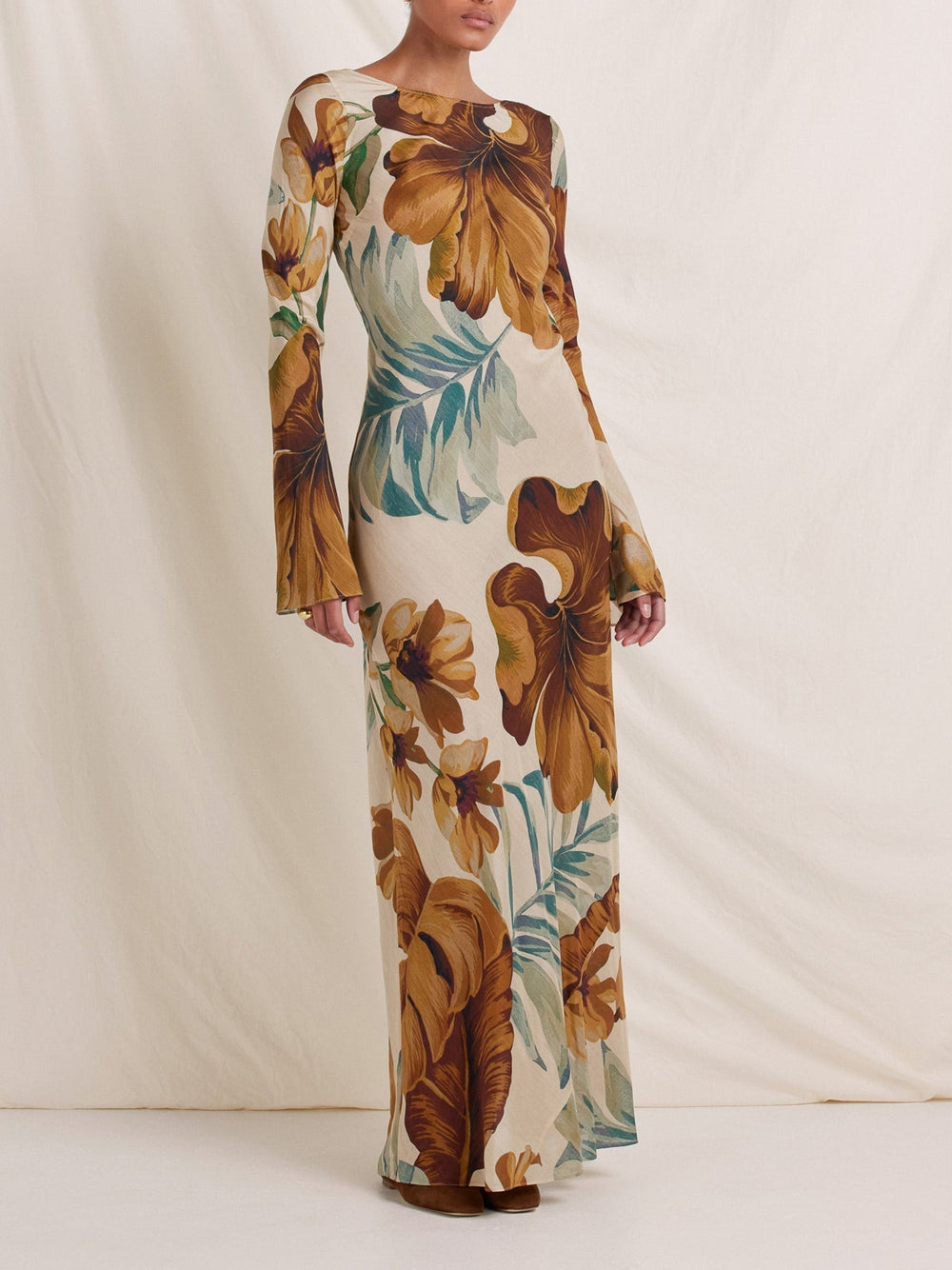 Botanical Print Puff-Sleeve Lined Maxi Dress for Events