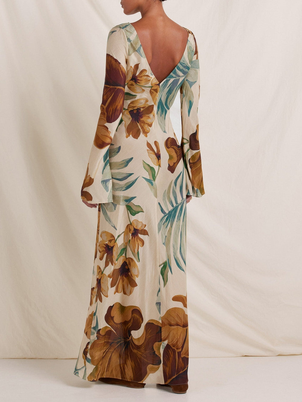 Botanical Print Puff-Sleeve Lined Maxi Dress for Events